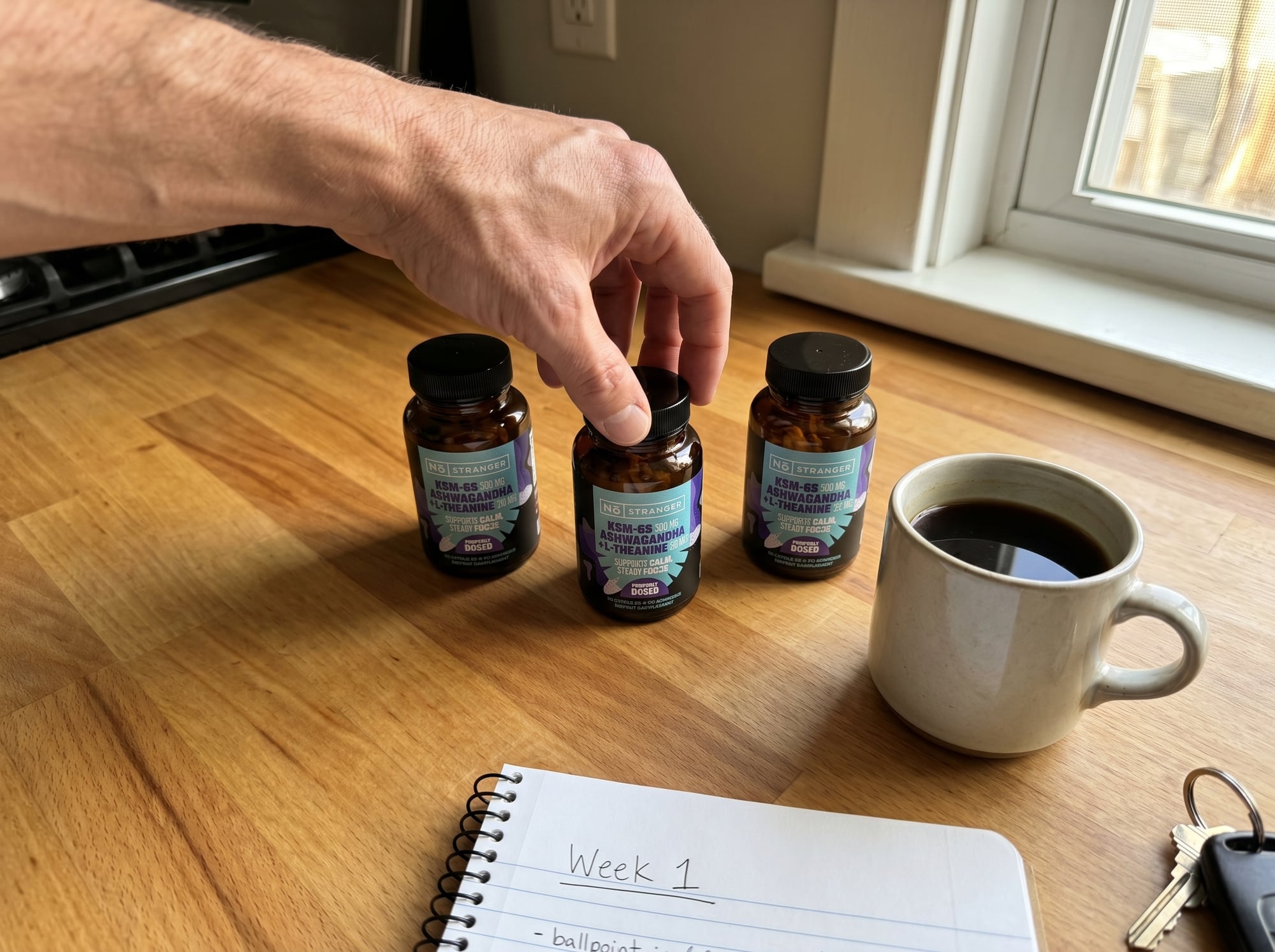 No Stranger 12-week protocol: 3 bottles of KSM-66 Ashwagandha + L-Theanine