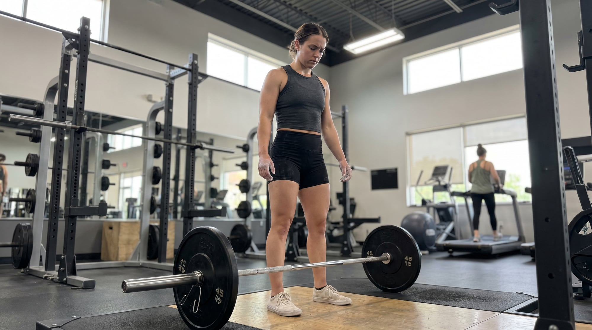 Female athlete preparing to deadlift in a commercial gym, calm and focused