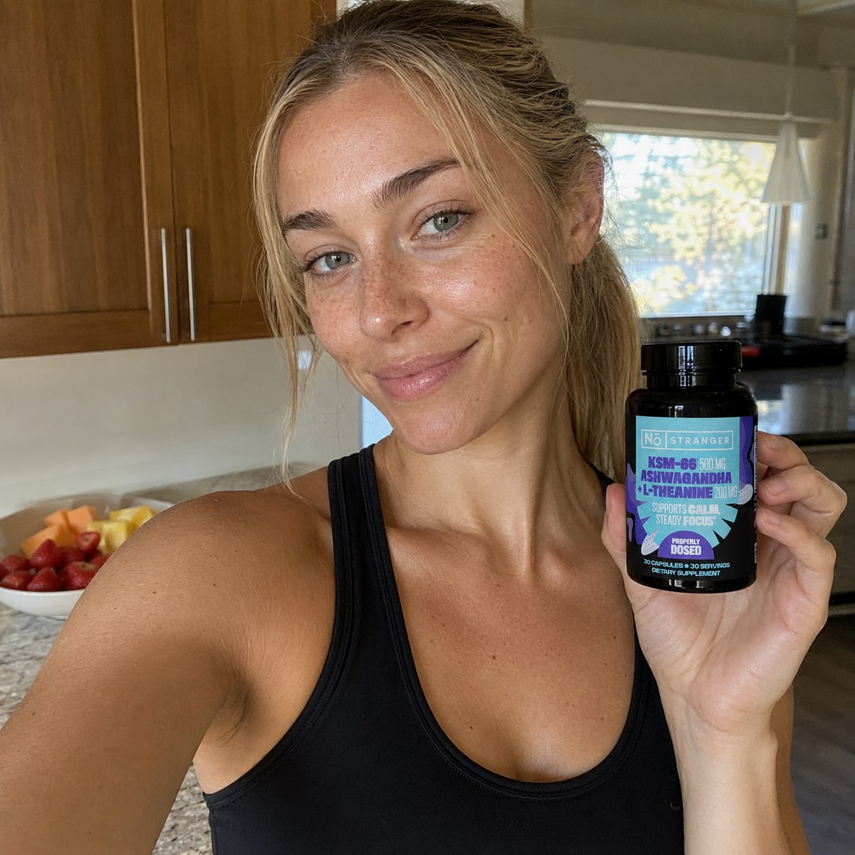 Megan T. holding No Stranger bottle, kitchen post-workout